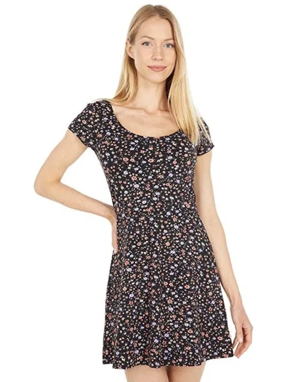 Vans Covered Ditsy Black Floral Scoop-Neck Skater Mini Dress Pink Purple